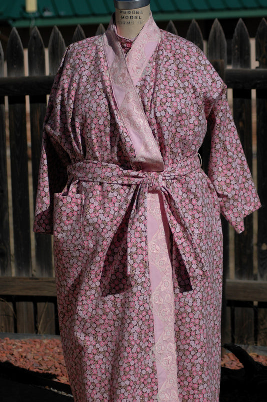 Tiny floral flannel wrap robe with lace trim
