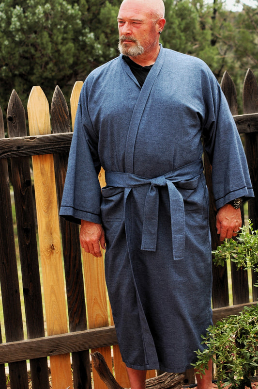 Dark denim light weight flannel unisex wrap robe