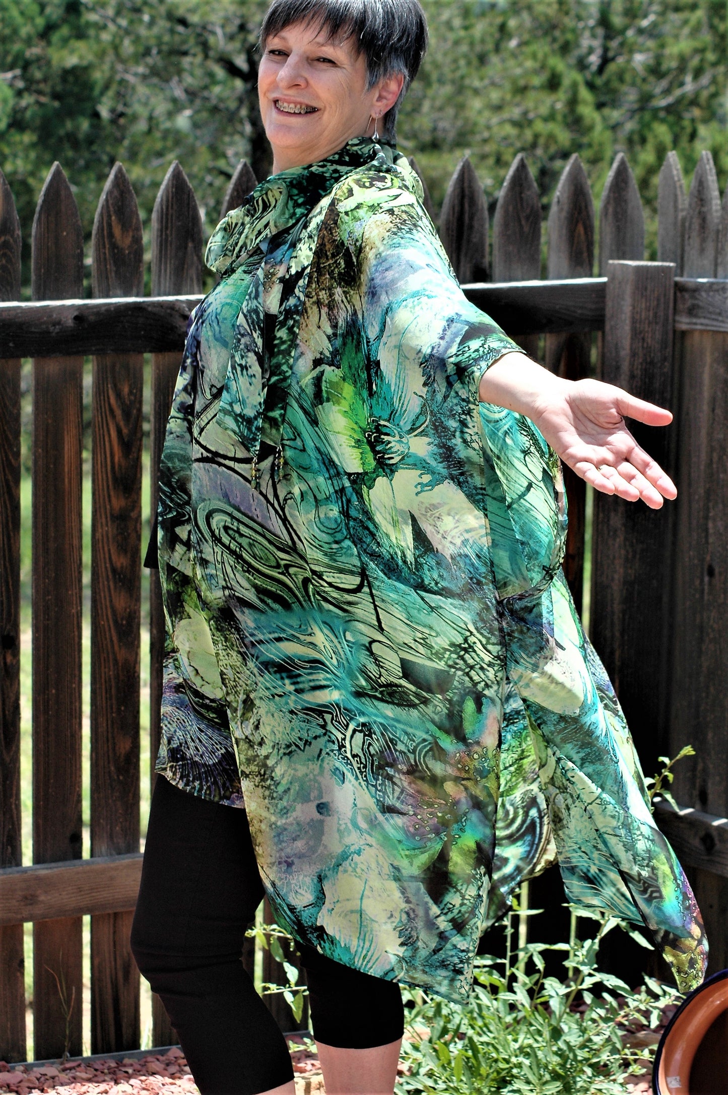 Silk kimono open jacket with built scarf with pleats