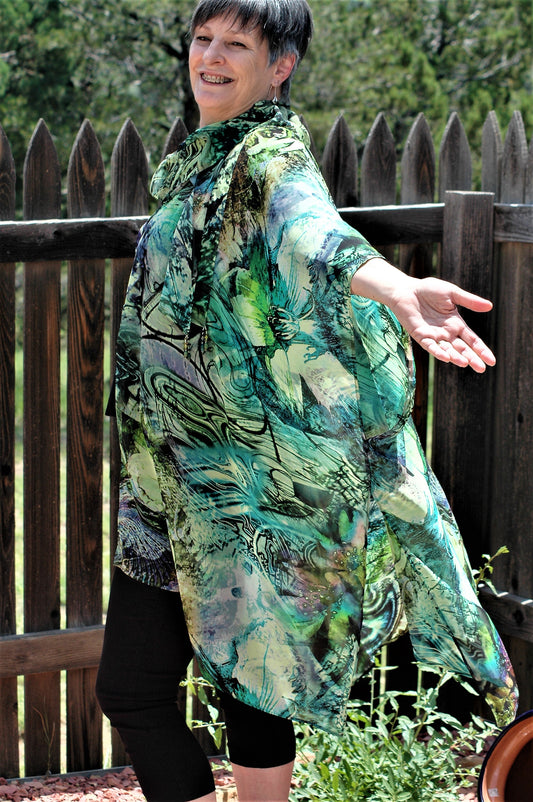 Silk kimono open jacket with built scarf with pleats