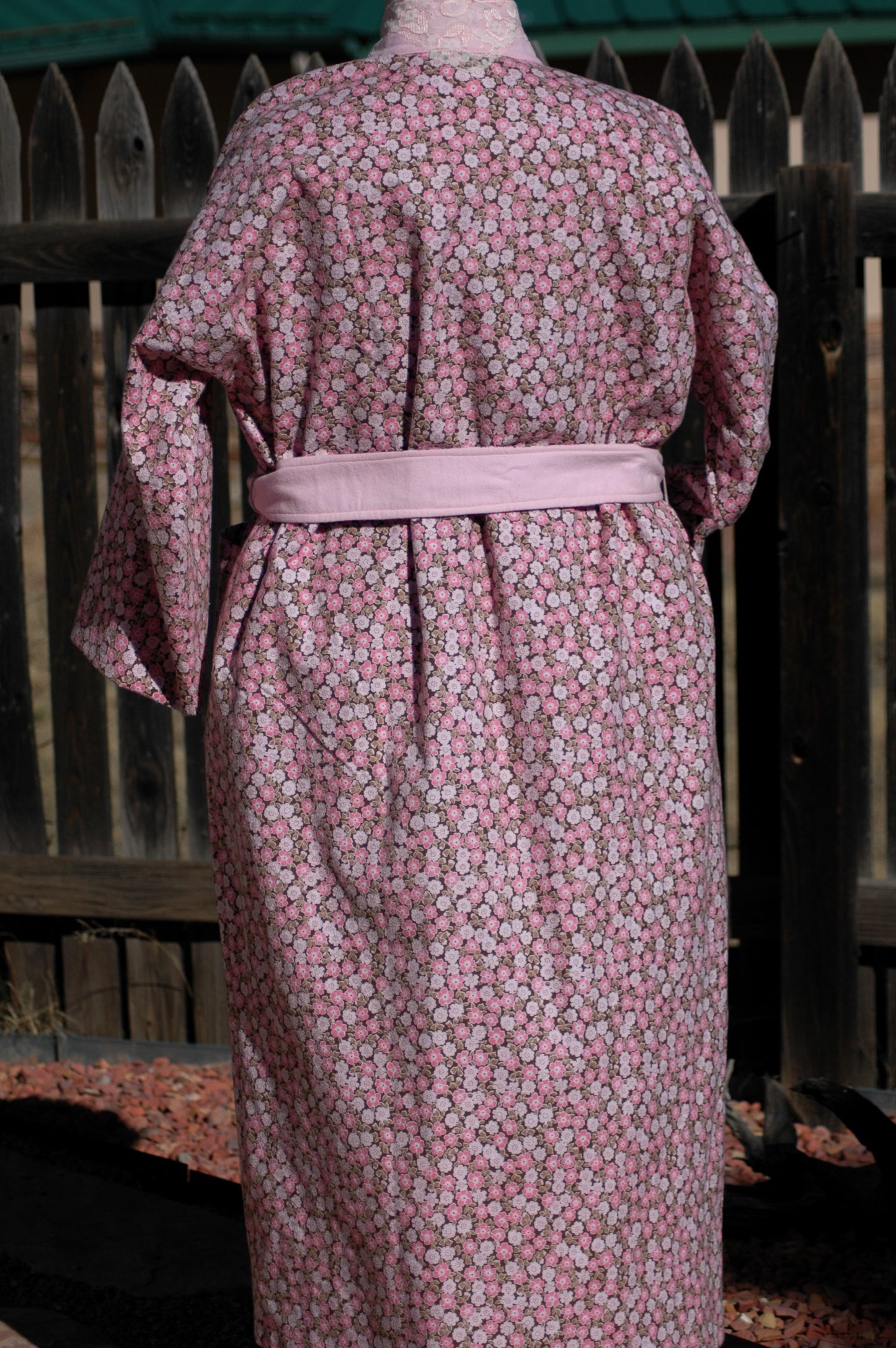 Tiny floral flannel wrap robe with lace trim