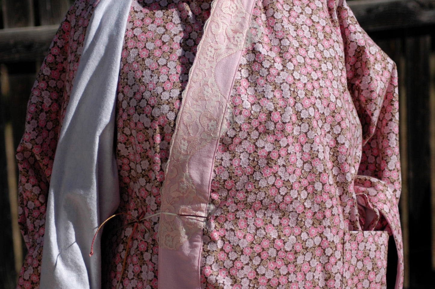 Tiny floral flannel wrap robe with lace trim