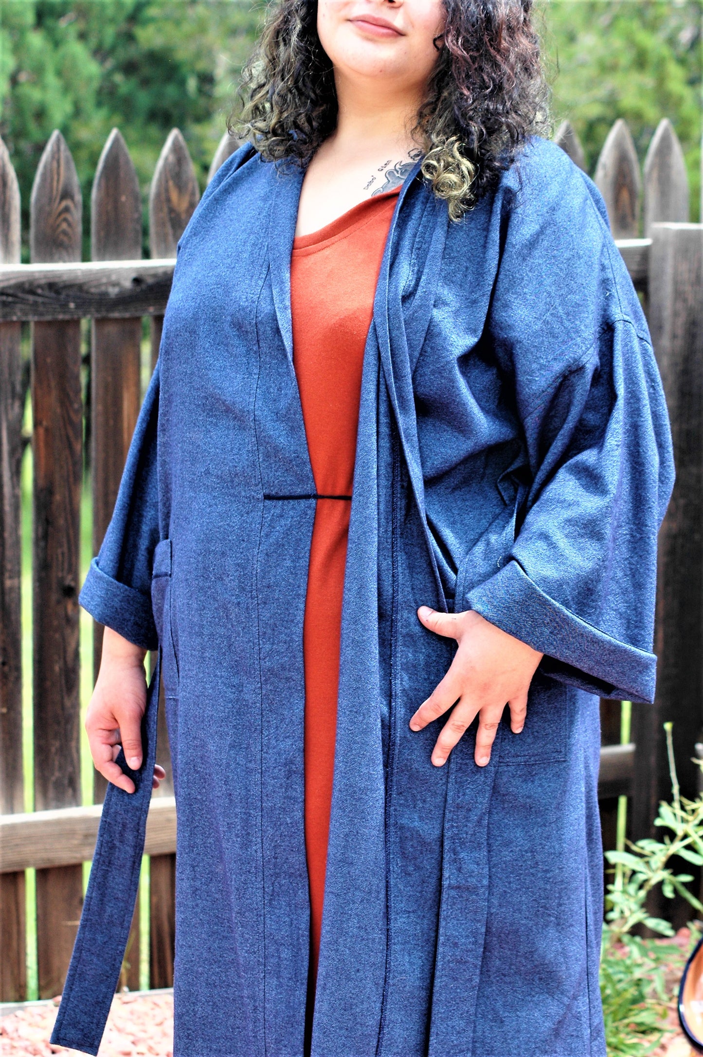 Dark denim light weight flannel unisex wrap robe