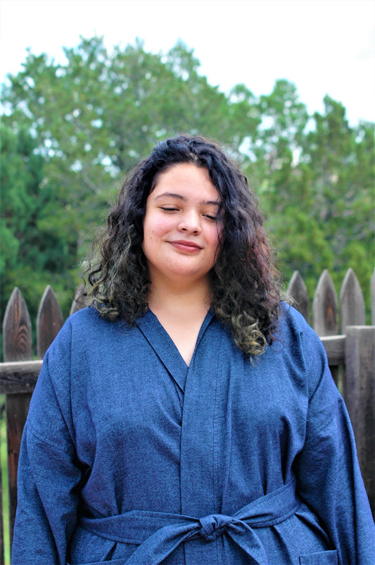 Dark denim light weight flannel unisex wrap robe